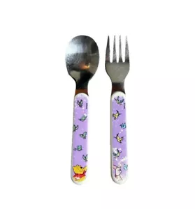 Vintage Disney Purple Winnie The Pooh & Piglet Baby/Toddler Fork/Spoon Stainless - Picture 1 of 5