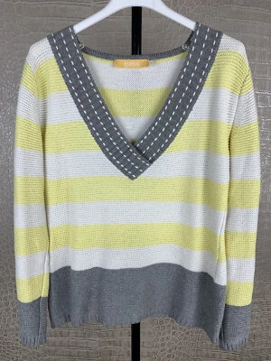 BiBA Damen Gr. 0 / 34-36 Strickpullover gelb grau weiß gestreift Pullover 7D9 - Bild 1 von 4