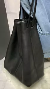 Black Soft Leather Drawstring Bucket Shoulder Bag Adjust Strap Silver Hdwr EUC - Picture 1 of 24