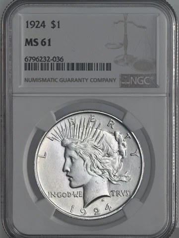 1924-P $1 PEACE SILVER DOLLAR  NGC MS61  #6796232-036 MINT STATE FRESHLY GRADED! Cover