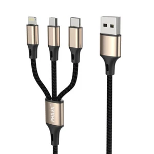 Philex 3In1 1.2m 8 Pin/Micro/USB C Charging Cable for iPhone 11/Samsung GLD - Picture 1 of 2