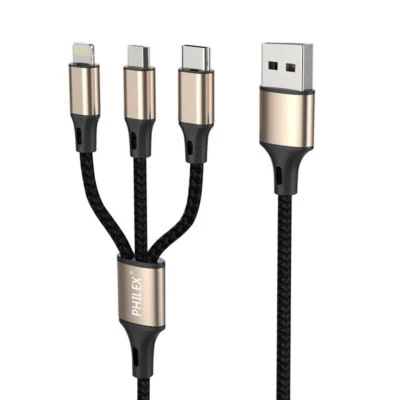 Philex 3In1 1.2m 8 Pin/Micro/USB C Charging Cable for iPhone 11/Samsung GLD - image 1 of 2