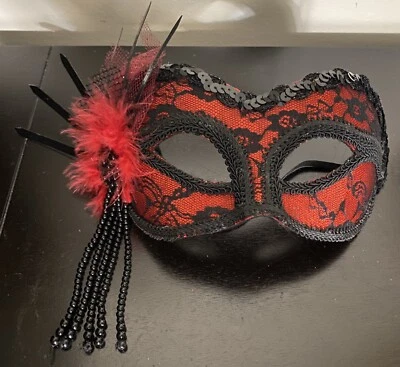 Adult Black Red Lace Sequin Feather Masquerade Flamenco Halloween Costume Mask - Image 1 of 4