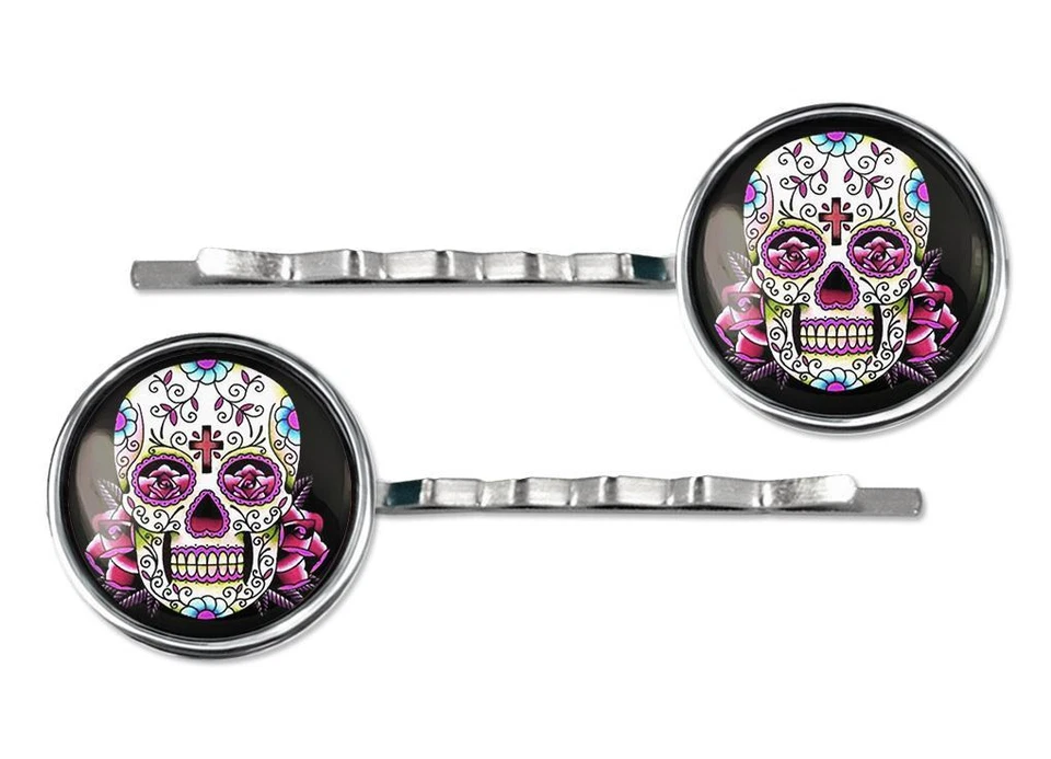 Pinzas para el cabello de vidrio rosa día de los muertos calavera de azúcar niña plata esterlina Foto 1 de 1