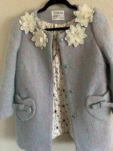 Girl's California Dreams 1982 Light Blue Pink Wool Coat Ivory Flowers Sz 12-14 - Picture 1 of 15