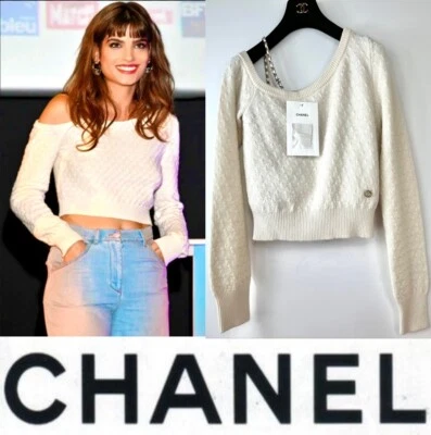 New Chanel 2023 White Cashmere Chain Sweater Top 34 36 2 4 Blouse Shirt Logo S M - Image 1 of 4