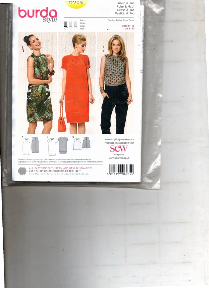 Burda Style 6914 tops dress vestido Euro 34-46 brand new not used - Image 1 of 1