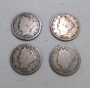 1906 1907 1911 1912 Liberty V  Nickel  Coins - Picture 1 of 2
