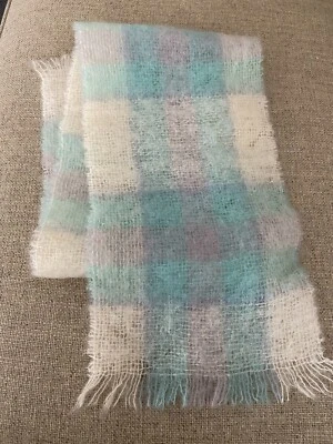 Vintage HandACraft Mohair Pile Scarf Wool Blend Pastels Blue Pink Fringe Knit - Image 1 of 4