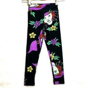 LuLaRoe leggings kids S/M (sz 2T-6) Halloween green witch floral on black - Picture 1 of 4