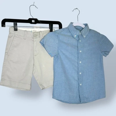 Camisa de manga corta y pantalones cortos caqui Crewcuts azul con botones talla 5 Foto 1 de 4