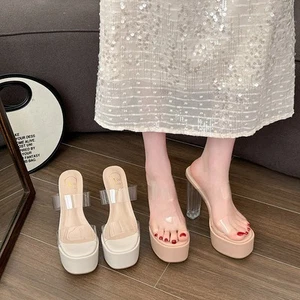 Sandalias de tacón alto 14 cm, transparentes para mujer verano, cristal sandalias pantuflas mula - Imagen 1 de 18