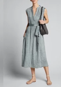 New $375 VINCE sleeveless maxi dress belt crinkle fabric green pockets sz M - Picture 1 of 18