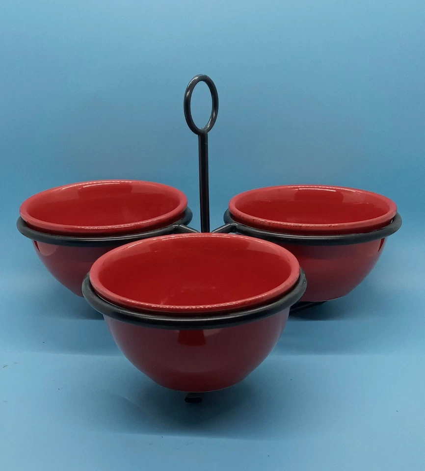 "tag" 3 Bowl Condiment Serving Set W/Black Metal Holder; Paprika Color; Fall - Image 1 of 4