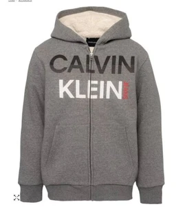 NWT CALVIN KLEIN Big Boys Sherpa Zip Front Logo Hoodie Heather Gray L (14-16) - Picture 1 of 8