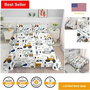 Vibrant Cartoon Excavator Comforter Set - Queen Size - Construction Truck Theme - Picture 1 of 7