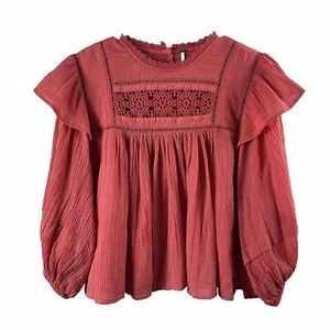 Free People Crop Peasant Top Rust Crinkle Gauzy Lace Poof Sleeve Baby Doll Sz XS - Picture 1 of 10