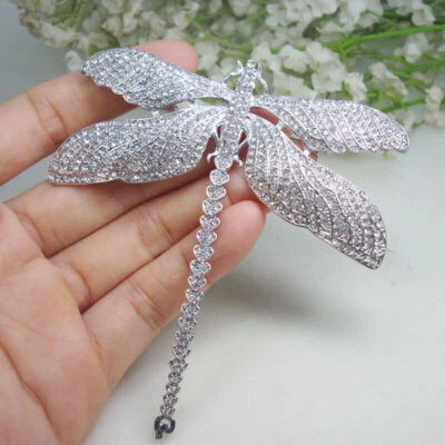 Silver Tone Luxury Dragonfly Insect Woman's Brooch Pin Clear Rhinestone Crystal - Image 1 of 4