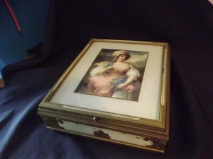 VTG wooden MIRRORED VANITY BOX Victorian Lady under glass 11.25"X9"X3.25" - Picture 1 of 15