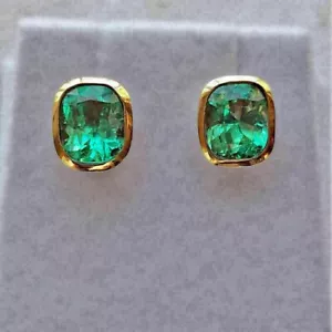 4Ct Lab-Created Green Emerald Bezel Setting Stud Earrings 14K Yellow Gold Finish - Picture 1 of 4
