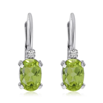 14k White Gold Oval Peridot and Diamond Leverback Earrings - Image 1 of 4