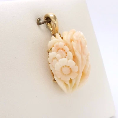 14k Gold Angel Skin Coral Carved Flower Leaves Pearl Enhancer Charm Pendant - image 1 of 4