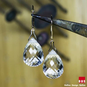 Reines 18k oder 14k Gold klar Eisquarz facettiert Briolette Designer Ohrringe  - Bild 1 von 15