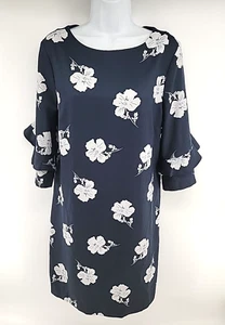 Banana Republic Dress Blue Floral Frill Long Sleeve Size 12 - Picture 1 of 13