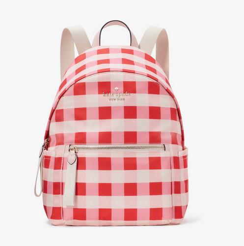 Zaino Kate Spade Chelsea Gingham rosa rosso nylon medio KG566 nuovo con etichette $299