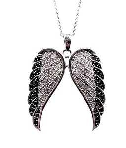 KAY JEWELERS JWBR 925 STERLING NECKLACE WHITE BLACK DIAMOND ANGEL WINGS PENDANT - Picture 1 of 8