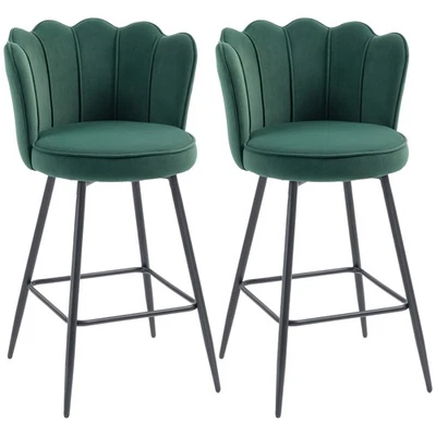 Bar Stools Velvet Upholstered Lotus Back Steel Legs Adjustable Feet Set 2 Green - Image 1 of 4