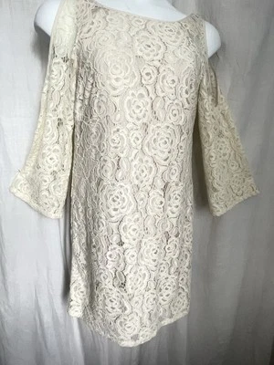 Adrianna Papell Ivory Lace Cold Shoulder Dress Lined  3/4 Bell Slv Zip 8 Party - Image 1 of 4