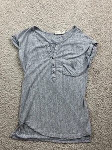 C&C California Henley Top Womens Medium Blue Striped 100% Linen V Neck Shirt - Picture 1 of 10