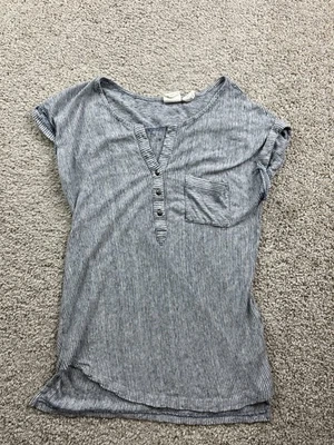 C&C California Henley Top Womens Medium Blue Striped 100% Linen V Neck Shirt - Image 1 of 4