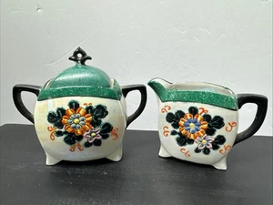 Vintage Japan Glanzgeschirr Zucker Milchkännchen Set Fliegende Taube Marke Art Deco Floral - Bild 1 von 12