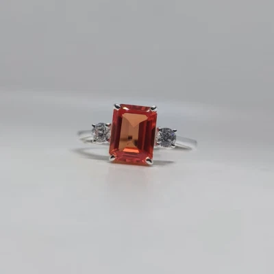 Lab Created Orange Sapphire Engagement Ring 925 Silver Minimalist Gift Ring - Image 1 of 4