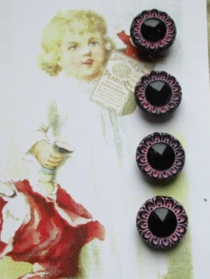 Set of 4~ Vintage 1/2"  black Pink  Lace painted Edge Glass Buttons ~NOS - Image 1 of 2