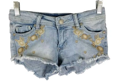 Calça jeans feminina bordada floral Rue21 tamanho 1/2 elástica lavagem leve - Imagem 1 de 4