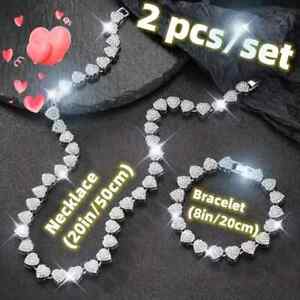 Women Necklace & Bracelet Iced Heart Chain Stainless Steel Bling Cubic Zirconia
