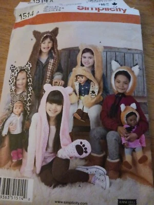 Child 18 Inch Doll Animal Hats Built in Mittens Simplicity 1514 Sewing Pattern  - Image 1 of 2