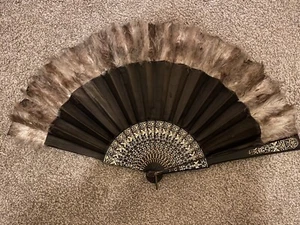 Antique Black Silk Victorian/EdwardianFan Feathered Tips Decorated Wooden Sticks - Picture 1 of 8