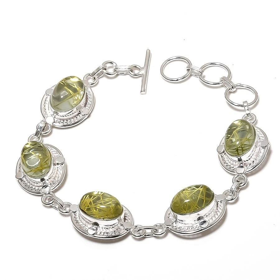 Rutilated Quartz Gemstone Handmade 925 Sterling silver Jewelry Bracelet Size 7-8 - Image 1 of 1
