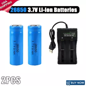 2PCS 26650 Battery 3.7V Rechargeable Batteries Cell For LED Torch/2 Slot Charger - Picture 1 of 11