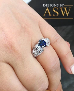 14k white gold oval simulated sapphire and diamonds engagement ring halo 2.15ctw - Picture 1 of 6