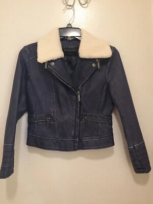 NEW GIRLS BLUE FAUX LEATHER JACKET DETACHABLE COLLAR BERNARDO SIZE 10-12  - Image 1 of 4