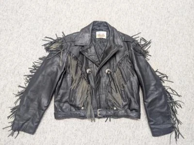 vintage USA made FRINGE motorcycle jacket 46 black leather XL western EXCELLED - Image 1 of 4
