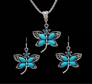 Boho Dragonfly Necklace and Earring Set - Turquoise, Teal - Picture 1 of 5