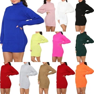 Womens Polo Roll Neck Knitted Jumper Dress Long Sleeve Florescent Sweater Top - Picture 1 of 33