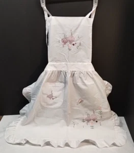 Vintage White Bib Apron With Embroidery Mushrooms Flowers & Butterflies - Picture 1 of 8