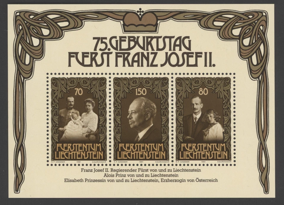 Folha de lembrança 1981 LIECHTENSTEIN Scott 710 Prince Franz Joseph II, sem marca de charneira - Imagem 1 de 1